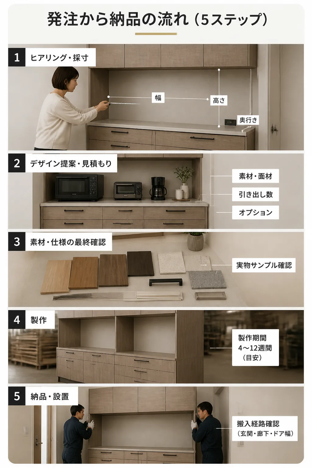 オーダーカップボードの発注から納品までの5ステップフロー