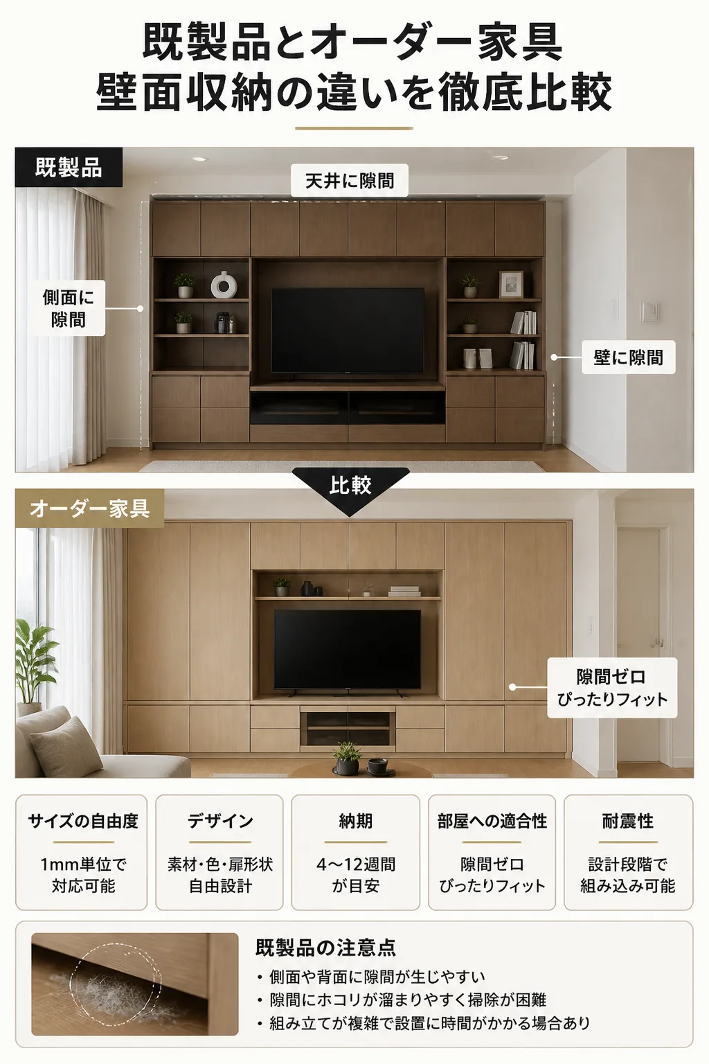 既製品とオーダー家具の壁面収納比較図